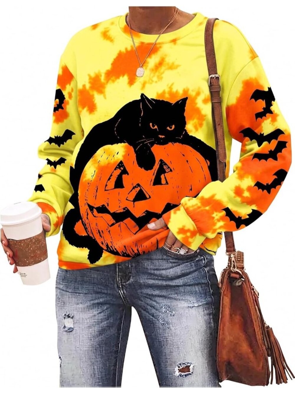 🆕 Women’s Yellow Orange Tie Dye Cat Pumpkin Halloween Crewneck Sweatshirt